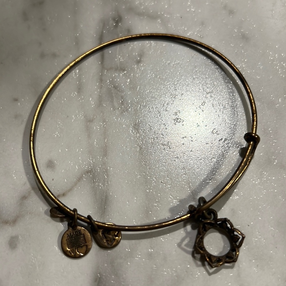 Gold Alex and Ani crown charm bracelet, tarnished.